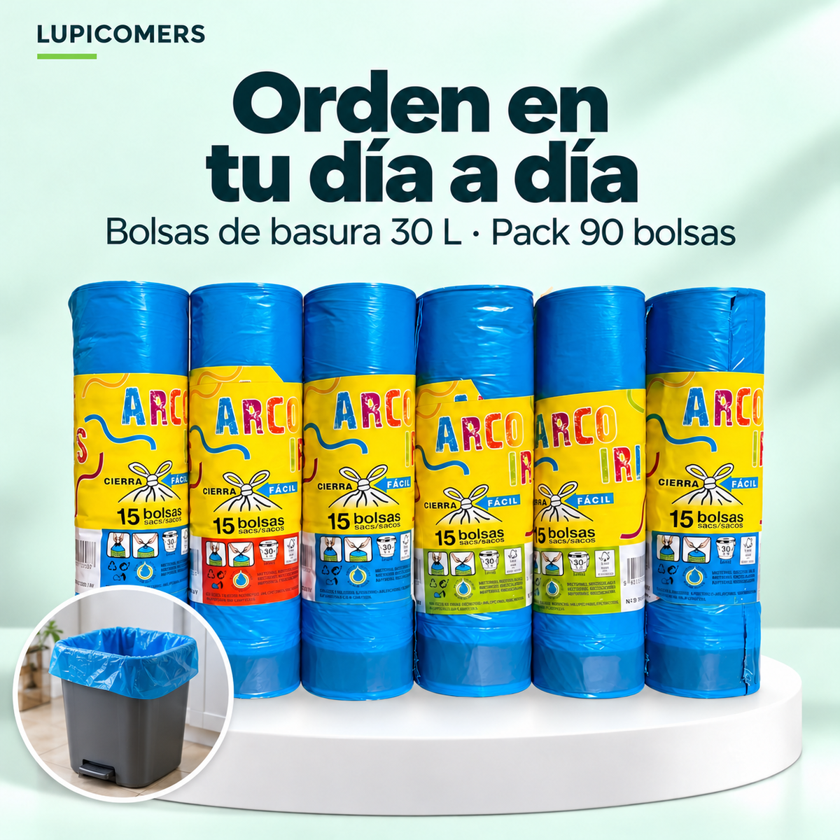 Bolsas de basura con asas 30 L, 90 unidades