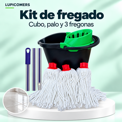 Kit de fregona: cubo, escurridor, palo y 3 recambios