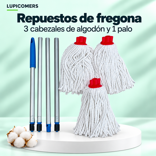 Fregonas de algodón: 3 recambios y 1 palo