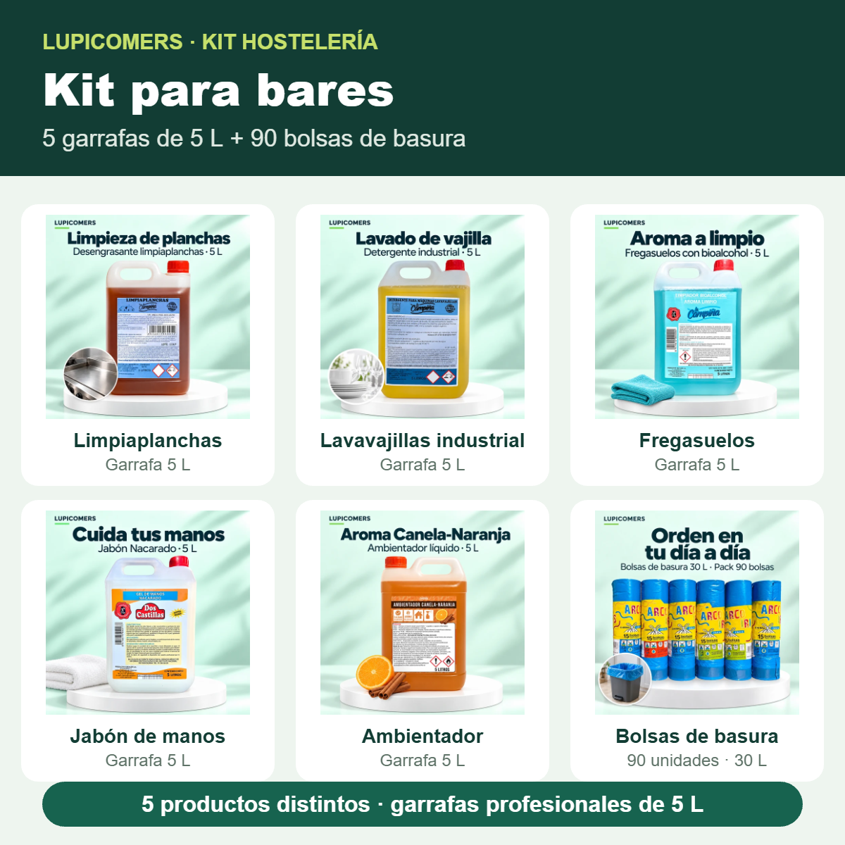 Kit de limpieza para bares: limpiaplanchas, lavavajillas industrial, fregasuelos, jabón de manos y ambientador en garrafas de 5 L, más 90 bolsas de basura