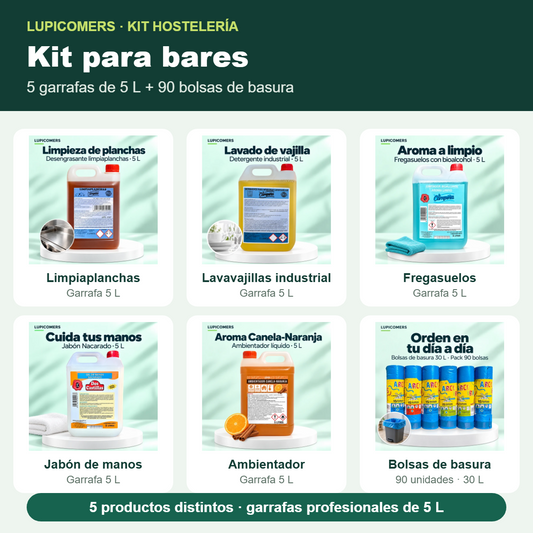 Kit de limpieza para bares: limpiaplanchas, lavavajillas industrial, fregasuelos, jabón de manos y ambientador en garrafas de 5 L, más 90 bolsas de basura