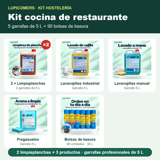 Kit de limpieza para cocinas de restaurante: 2 limpiaplanchas, lavavajillas industrial, lavavajillas manual y fregasuelos en garrafas de 5 L, más 90 bolsas de basura