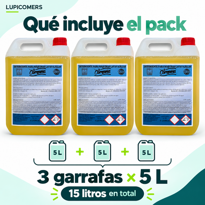 Contenido del pack de lavavajillas: 3 garrafas de 5 litros, 15 litros en total