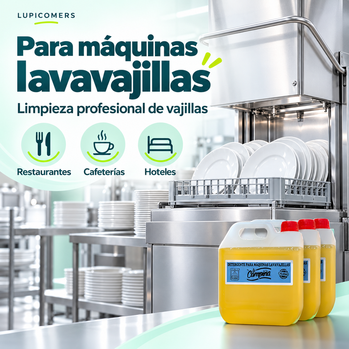 Detergente para máquinas lavavajillas de restaurantes, cafeterías y hoteles