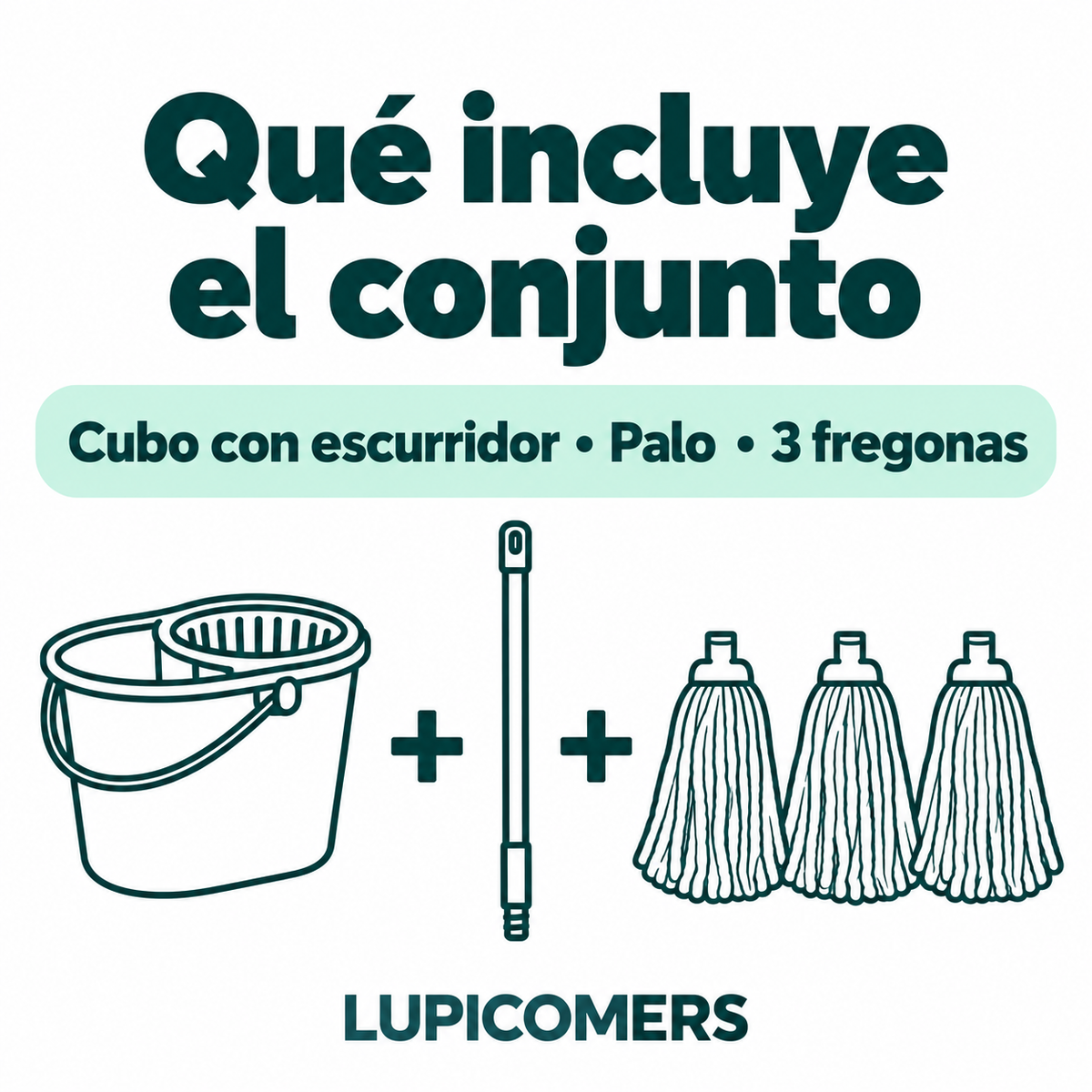 Kit de fregona: cubo, escurridor, palo y 3 recambios